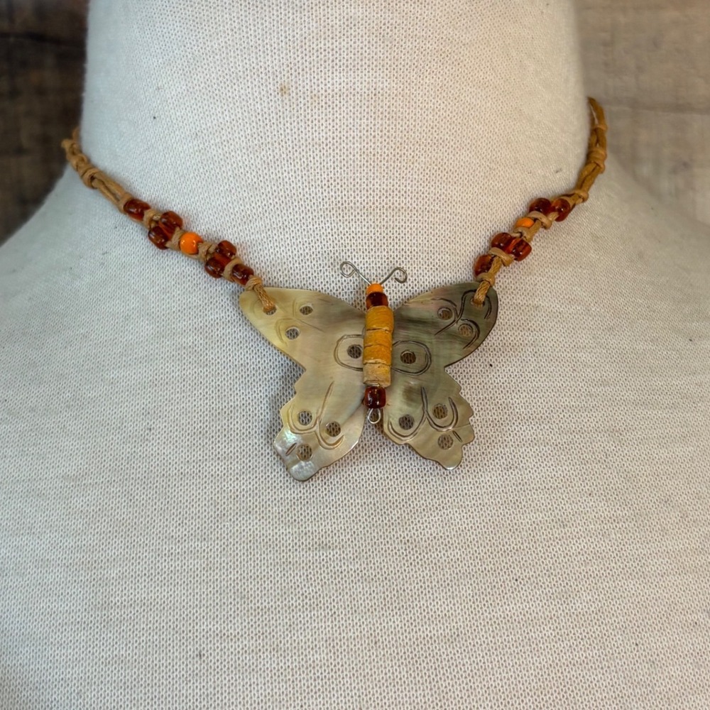 Vintage Boho Iridescent Shell Butterfly Pendant Cord Necklace Orange Beads